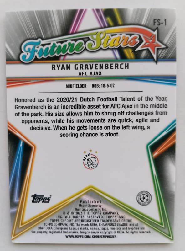RYAN GRAVENBERCH (Ajax) - TOPPS CHROME Champ/League 2022 - CHROME Future Star  TRADING CARD FS1