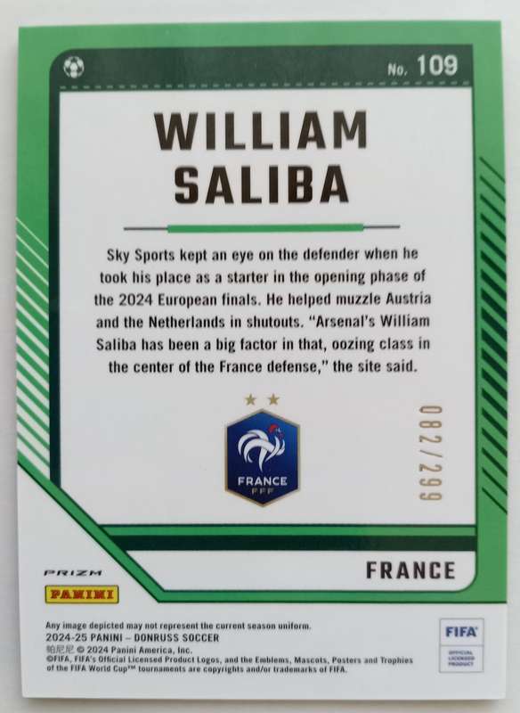 WILLIAM SALIBA (France) - PANINI DONRUSS FIFA SOCCER 2025 - RED CHROME PRIZM CARD 82 of 299