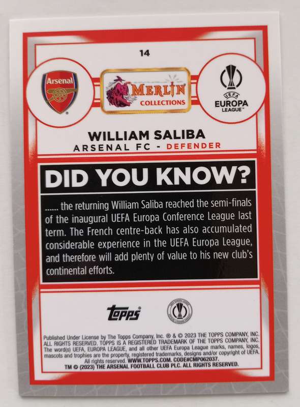 WILLIAM SALIBA (Arsenal) - TOPPS MERLIN CHROME C/LEAGUE 2023 - NEON GREEN TRADING CARD 151 of 350