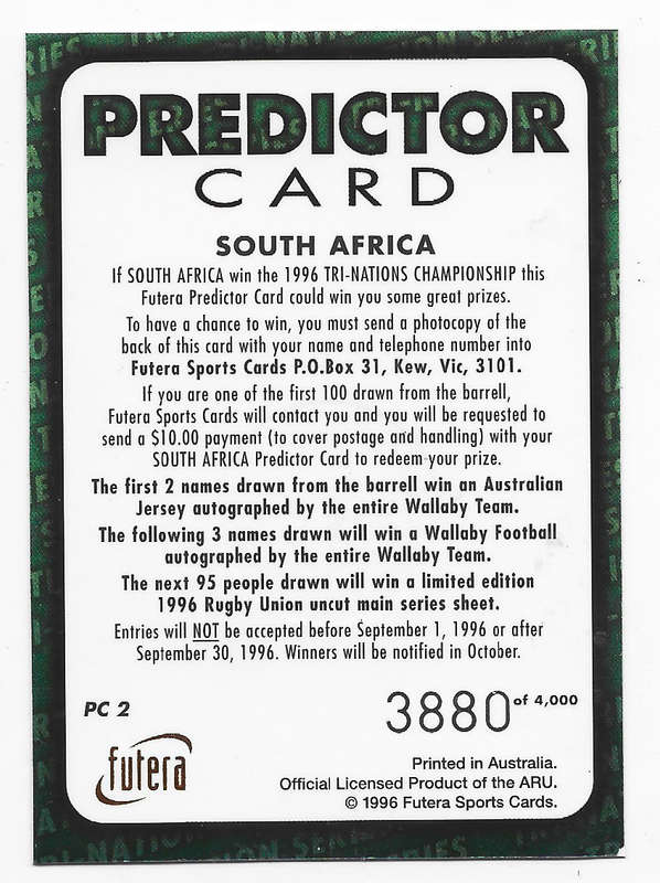 SPRINGBOKS - FUTERA RUGBY 1996 COLLECTION - `HOBBY` GOLD `PREDICTOR` CARD PC2 3880 of 4000
