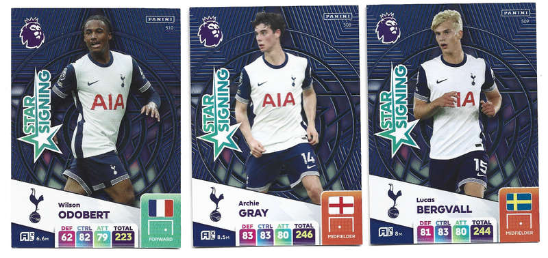 TOTTENHAM HOTSPURS  - PANINI Eng/Premier League 2025 - COMPLETE SET of 3 "STAR SIGNING" CARDS