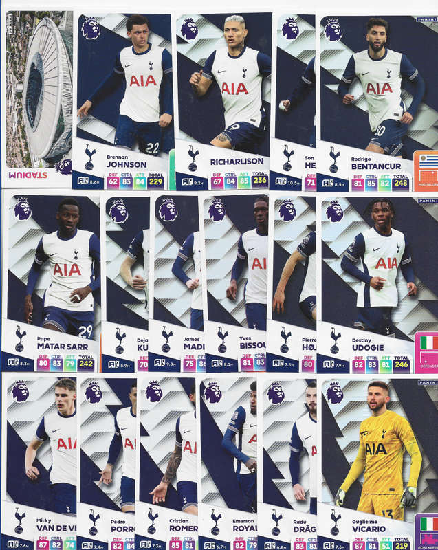 TOTTENHAM HOTSPURS  - PANINI English Premier League 2024/25 - COMPLETE TEAM SET of 23 CARDS
