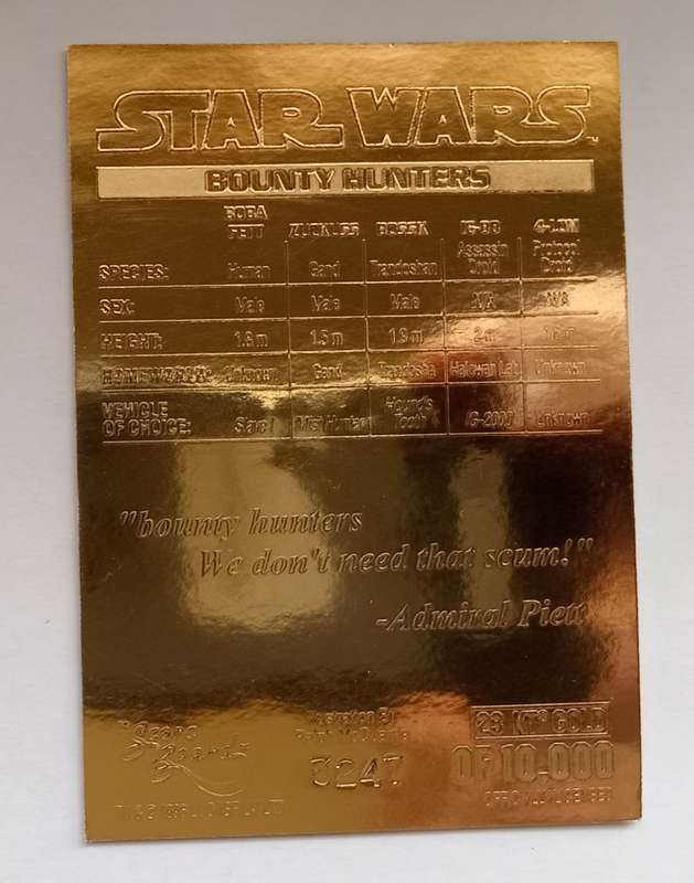 BOUNTY HUNTERS - STAR WARS Genuine 23ct Gold Plated Trading Card 3247 of 1000
