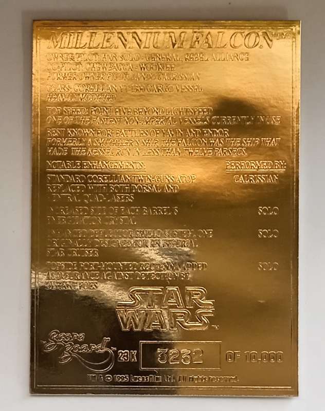 MILLENNIUM FALCON - STAR WARS  Genuine 23ct Gold Plated Trading Card 3252 of 1000
