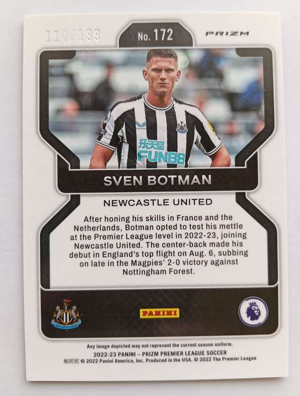 SVEN BOTMAN (Newcastle) - PANINI PREMIER LEAGUE PRIZM 2022/23 - PINK PRIZM TRADING CARD 114 of 199