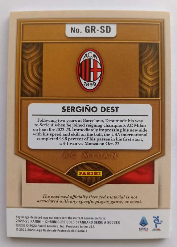 SERGINO DEST (AC Milan) - PANINI CHRONICLES SERIE A 2023 - "GOLD RUSH MEMORABILIA" CARD 110 of 299