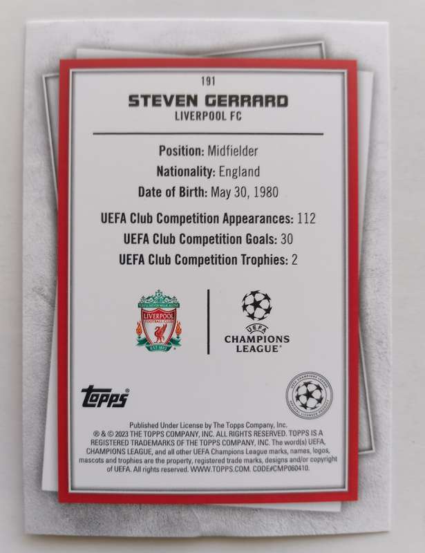 STEVEN GERARD - TOPPS Champ/League Superstars 2023 Legends -WHITE  "LEGEND" TRADING CARD