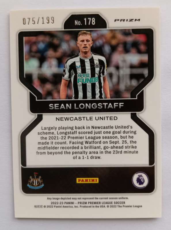 SEAN LONGSTAF (Newcastl)  - PANINI PREMIER LEAGUE PRIZM 2022/23 - PINK PRIZM TRADING CARD 75 of 199