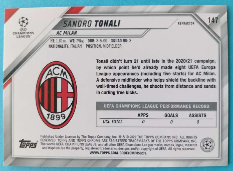 SANDRO TONALI (AC Milan)  - TOPPS Chrome C/League 2022 - CHROME REFRACTOR TRADING CARD