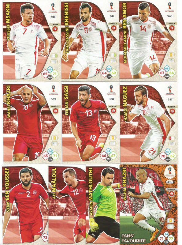 TUNISIA - PANINI FIFA WORLD CUP 2018 RUSSIA - COMPLETE TEAM OF 10 `BASE and FOIL` TRADING CARDS