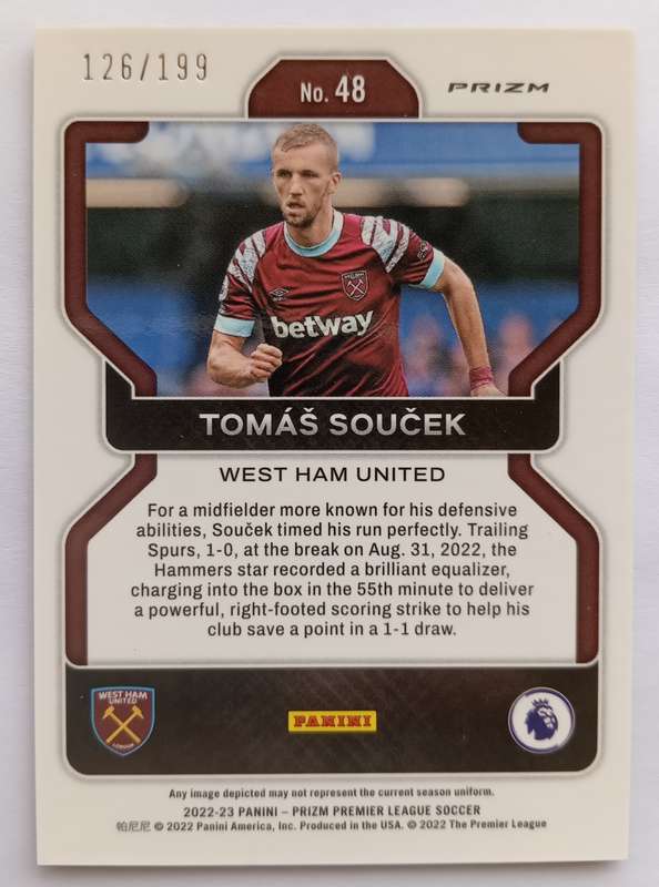 TOMAS SOUCEK (West Ham)  - PANINI PREMIER LEAGUE PRIZM 2022/23 - PINK PRIZM TRADING CARD 126 of 199