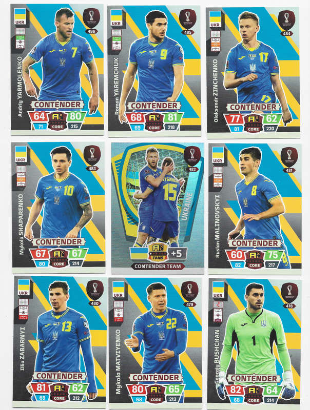 UKRAINE - PANINI `FIFA WORLD CUP 2022` QATAR - COMPLETE 9 CARD TEAM TRADING CARD SET
