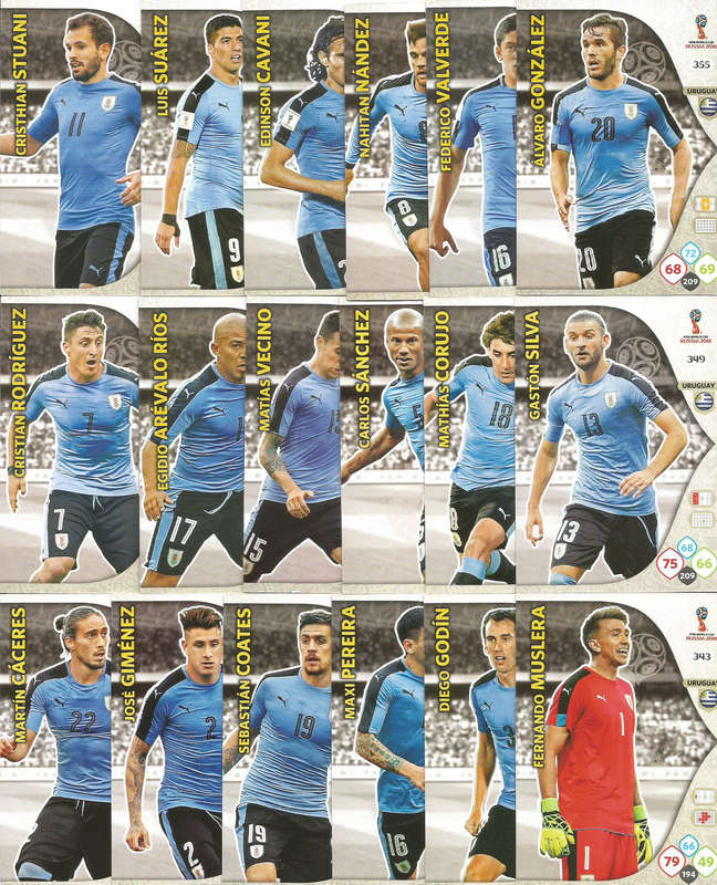 URUGUAY - PANINI FIFA WORLD CUP 2018 RUSSIA - COMPLETE TEAM OF 19 `BASE and FOIL` TRADING CARDS