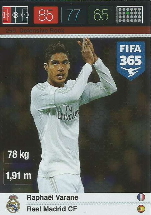 RAPHAEL VARANE - PANINI "FIFA 365" 2016 COLLECTION - FOIL "DEFENSIVE ROCK" TRADING CARD 259