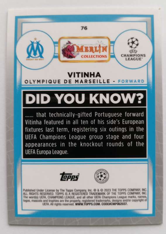 VITINHA (O. Marseille)- TOPPS MERLIN CHROME C. L.  202/23 -  CERTIFIED ROOKIE CHROME CARD 36 of 299