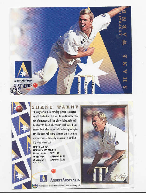 SHANE WARNE - 1997 FUTERA CRICKET `ANSETT SERIES`  - INSERT TRADING CARD AA3