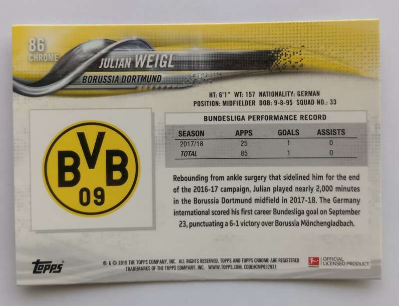 JULIAN WEIGL (Dortmund)  - TOPPS CHROME BUNDESLIGA 2019 - CHROME TRADING CARD 86