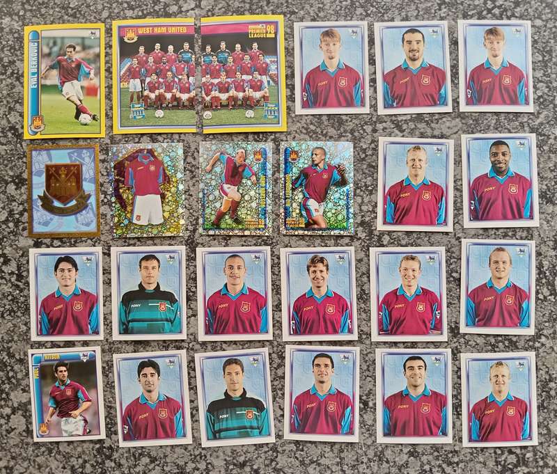 WEST HAM UNITED - MERLIN Premier League sticker collection 1998 - COMPLETE TEAM SET OF 24 STICKERS