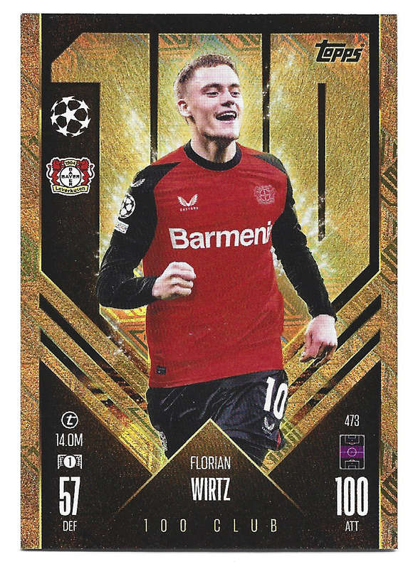 FLORIAN WIRTZ - TOPPS UEFA CHAMPIONS LEAGUE 2024/25 Collection - FOIL "CLUB 100" TRADING CARD 473