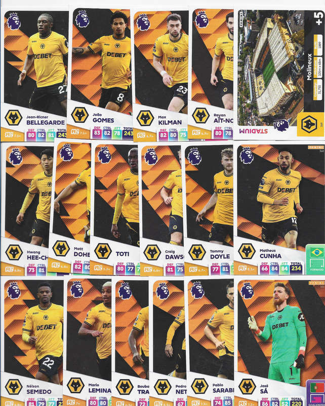 WOLVERHAMPTON WANDERERS  - PANINI English Premier League 2024/25 - COMPLETE TEAM SET of 23 CARDS
