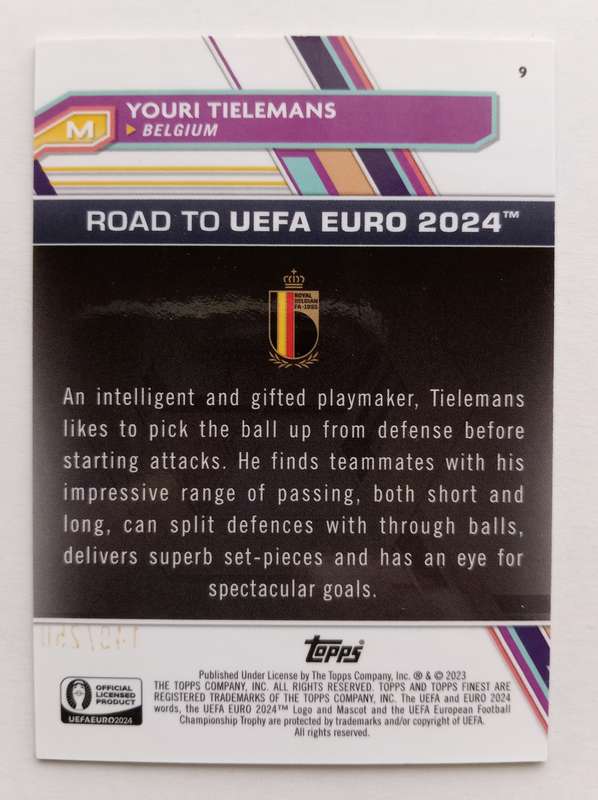 YOURI TIELMANS (Belgium) - TOPPS FINEST CHROME RT EURO 2024 - SAPHIRE CHROME TRADING CARD 148 of 250