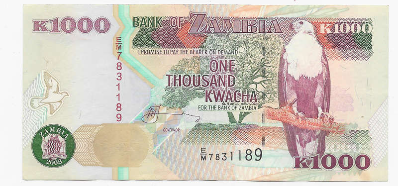 BANK of ZAMBIA - 1000 KWACHA BANK NOTE  2003 -  Used NOTE in EF Condition