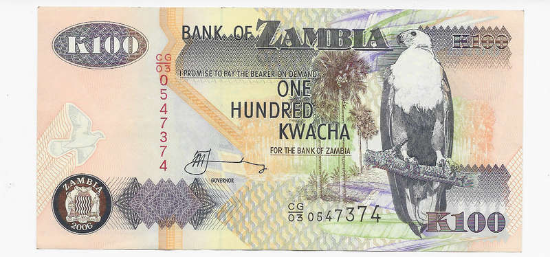 BANK of ZAMBIA - 100 KWACHA BANK NOTE  2006 -   NOTE in UNC Condition