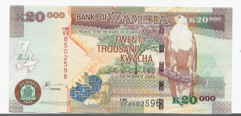 BANK of ZAMBIA - 20000 KWACHA BANK NOTE  2011 -  Used NOTE in EF Condition