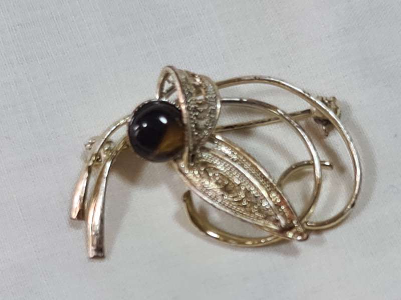 Gold Tone Brooch with tiger eye