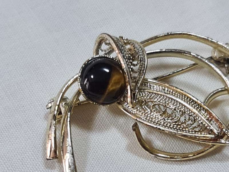 Gold Tone Brooch with tiger eye