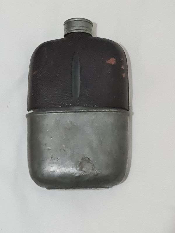 Glass, Faux leather and pewter hip flask
