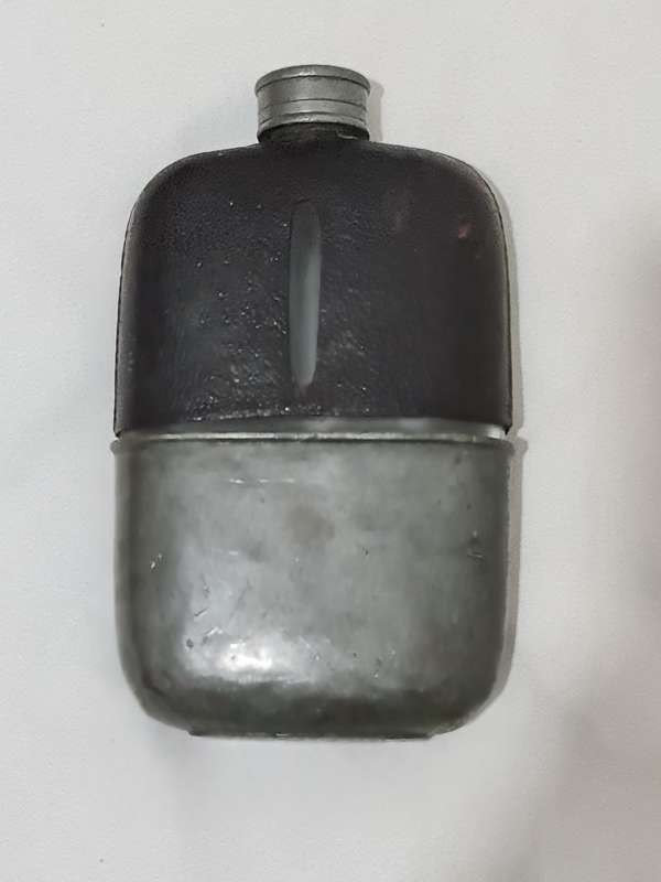 Glass, Faux leather and pewter hip flask
