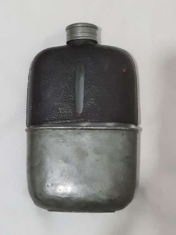Glass, Faux leather and pewter hip flask