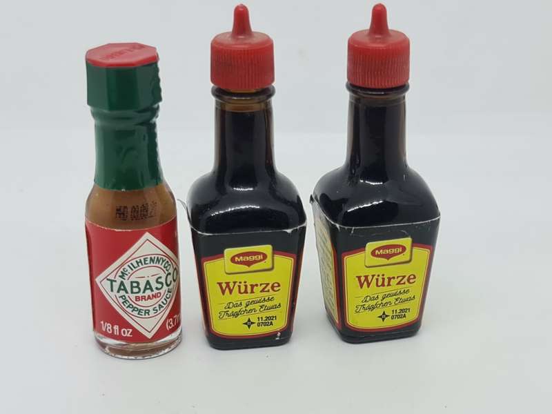 x1 Tobasco and x2 Maggi miniature Bottles