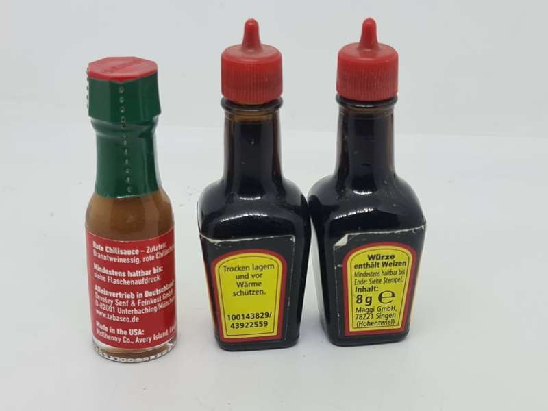 x1 Tobasco and x2 Maggi miniature Bottles