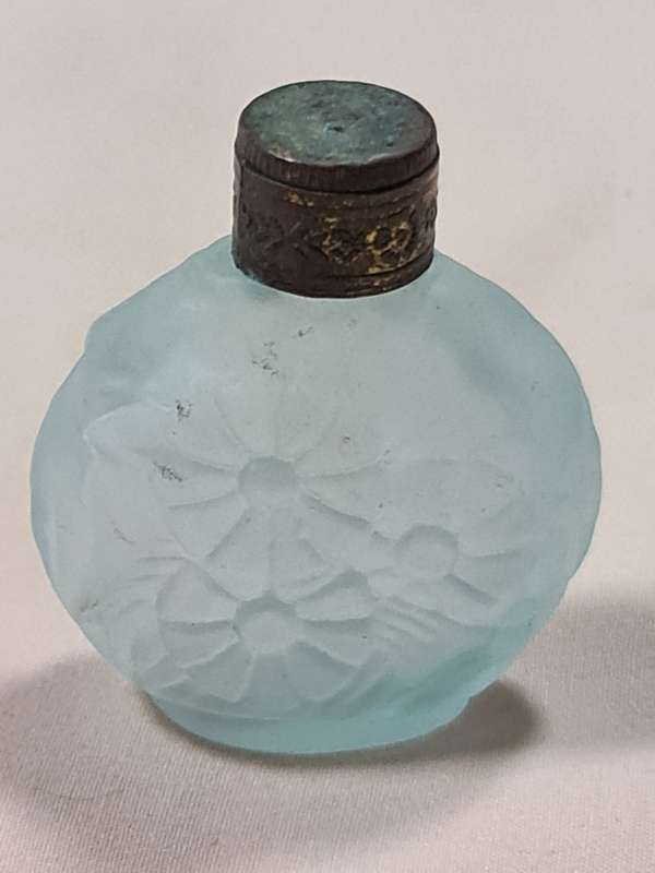 Vintage Czech light blue glass Scent Bottle, Embossed Flowers