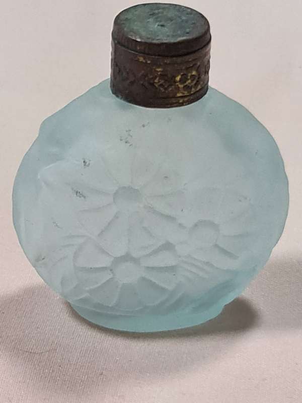 Vintage Czech light blue glass Scent Bottle, Embossed Flowers