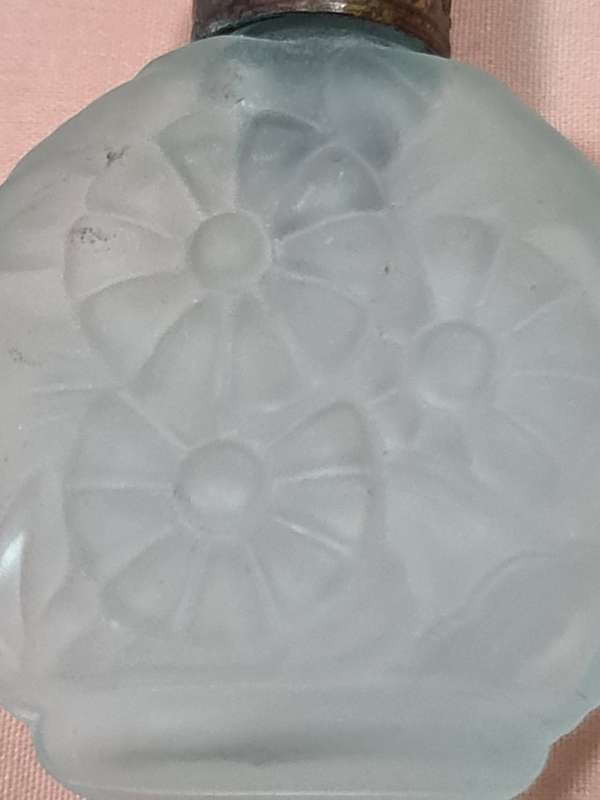 Vintage Czech light blue glass Scent Bottle, Embossed Flowers