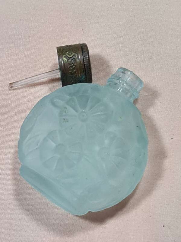Vintage Czech light blue glass Scent Bottle, Embossed Flowers