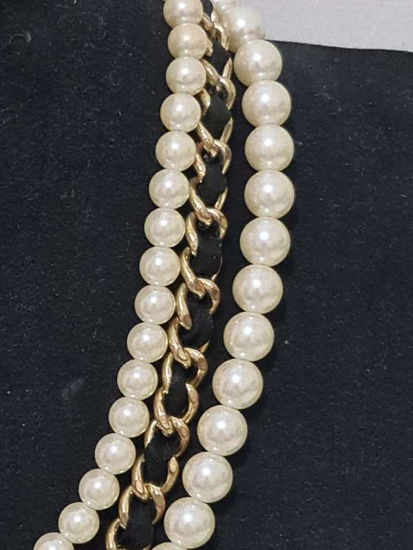 Three tier necklace, Faux pearls and gold tone necklace