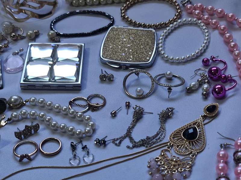 Mixed Vintage Jewelry and 2 hand bag mirrors.