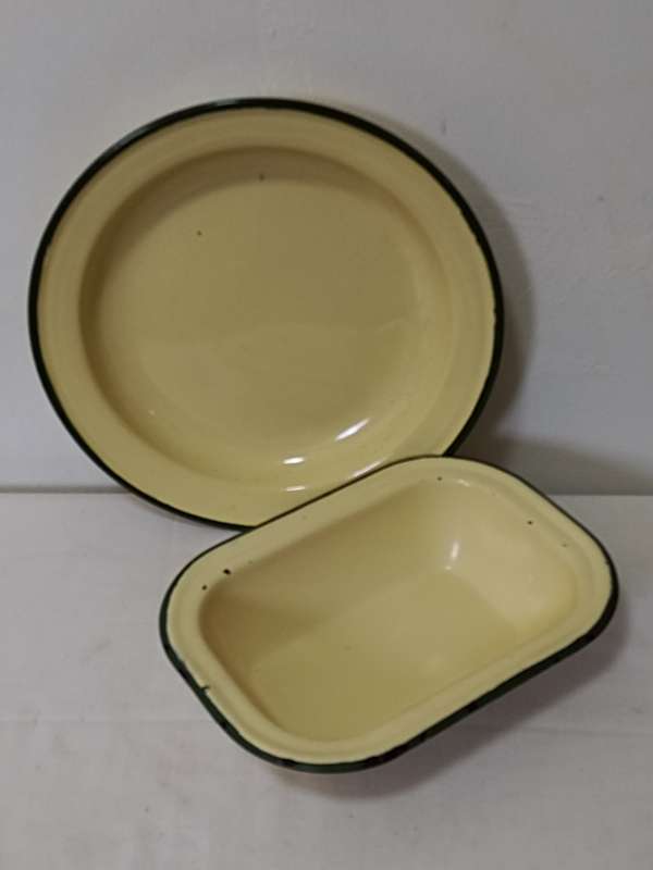 Enamel plate and bowl with green rims