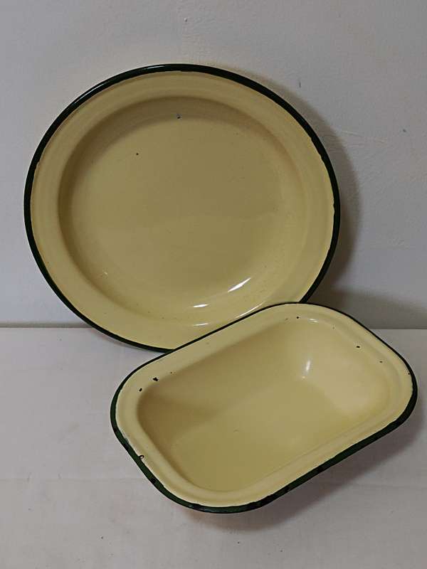 Enamel plate and bowl with green rims