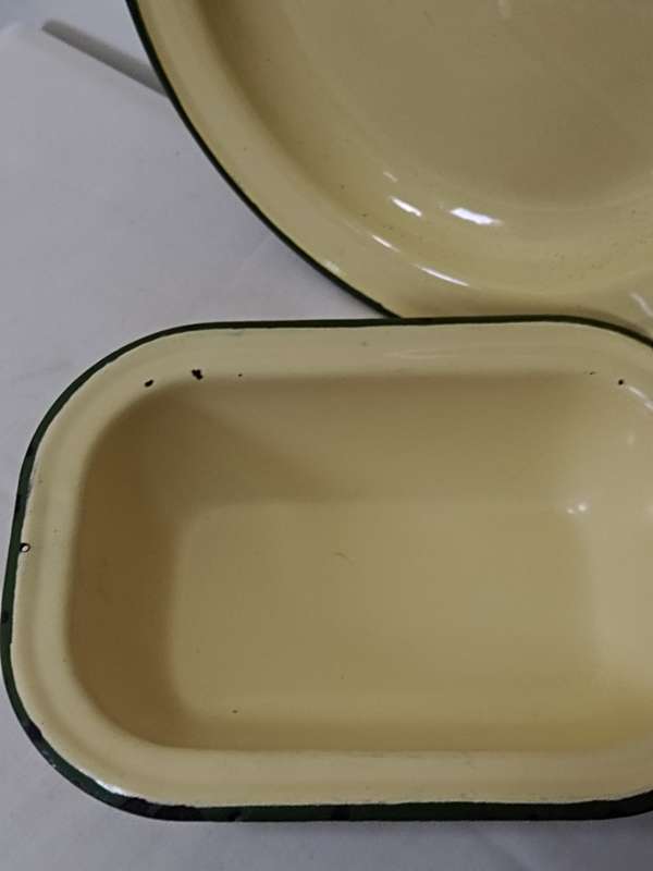 Enamel plate and bowl with green rims