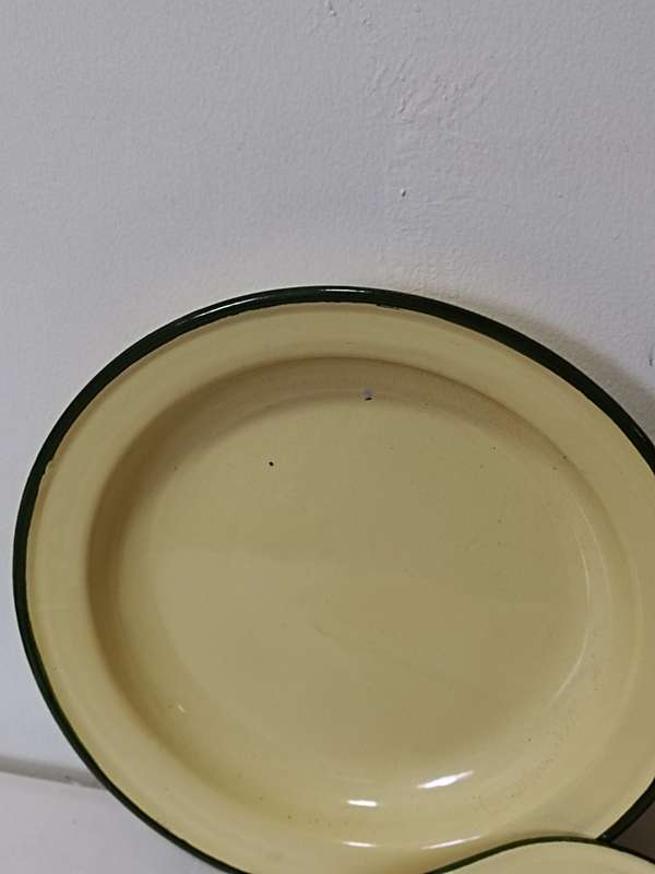 Enamel plate and bowl with green rims