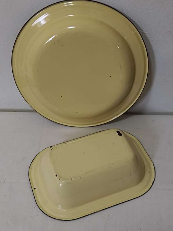 Enamel plate and bowl with green rims