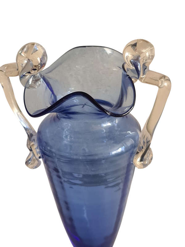 1870s FREE BLOWN COBALT BLUE GLASS MINIATURE VASE WITH APPLIED HANDLES PONTILED
