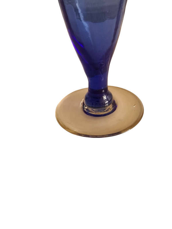 1870s FREE BLOWN COBALT BLUE GLASS MINIATURE VASE WITH APPLIED HANDLES PONTILED