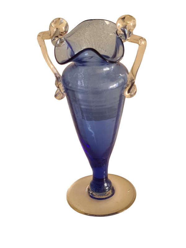 1870s FREE BLOWN COBALT BLUE GLASS MINIATURE VASE WITH APPLIED HANDLES PONTILED