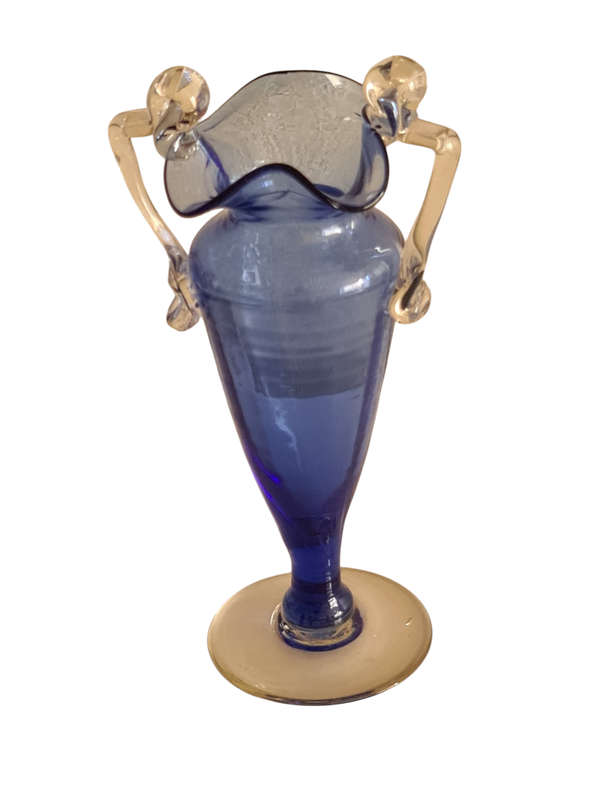 1870s FREE BLOWN COBALT BLUE GLASS MINIATURE VASE WITH APPLIED HANDLES PONTILED